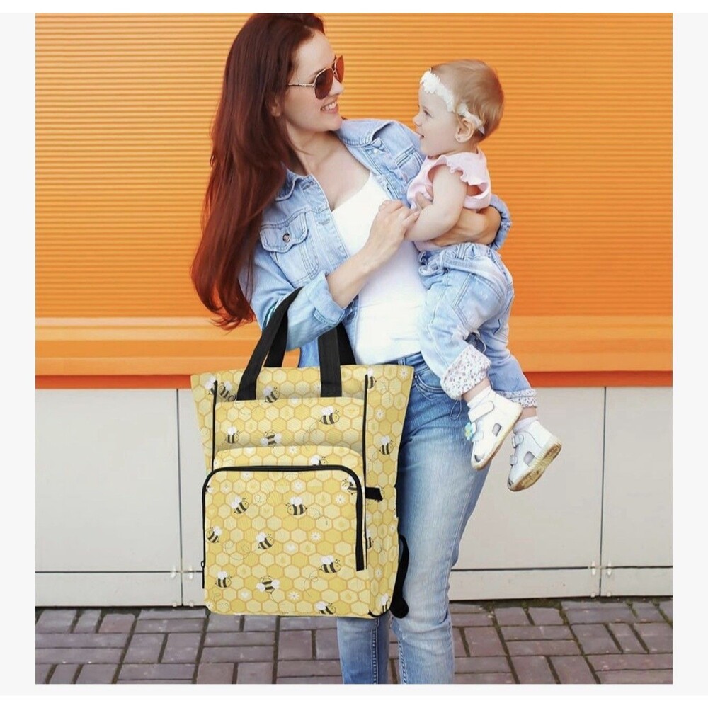 Bee Honeycomb Diaper Bag Backpack, Yellow/Black, Adjustable Strap